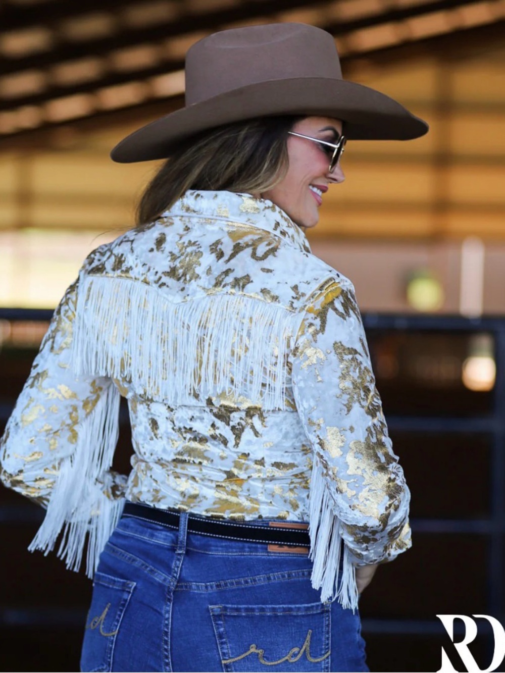 Ranch Dress’n GOLD GILDED VELVET WITH FRINGE PERFORMANCE RODEO SHIRT - Picture 2 of 7